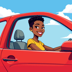 Vsai smiling young black woman driving red car