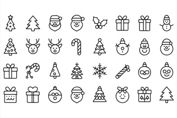 Festive holiday doodle vector pack, outline icons of Christmas decorations, snowflakes, candy canes, and reindeer