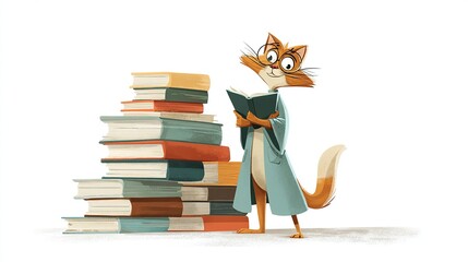 A cartoon cat in a robe, wearing glasses, reads a book next to a tall stack of books