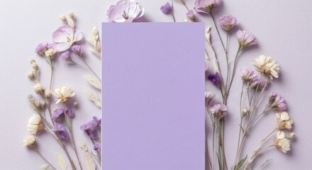 A blank lavender rectangle surrounded by delicate dried flowers, creating a soft, elegant composition.