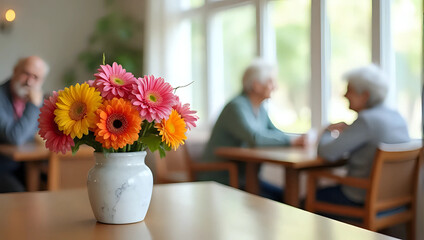 Colorful flowers in vase, vibrant assisted living community common area background, retirement engaged residents interaction - senior activity, social interaction, care, joyful togetherness