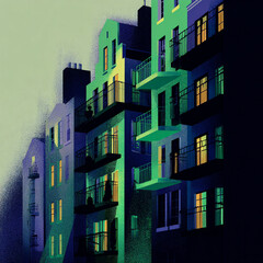 City - A row of multi-story buildings with balconies