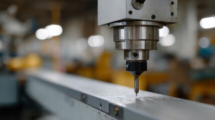 Metallic drill whispers precision in ambient factory ballet, celebrating Inventors' Day, steampunk nostalgia infused with industrial dreams