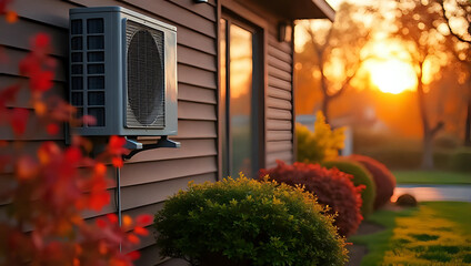 Air conditioner source heat pump installation outside modern house in beautiful autumn garden, exterior unit next to wall with windows - HVAC system, energy efficiency, fall seasonal home maintenance