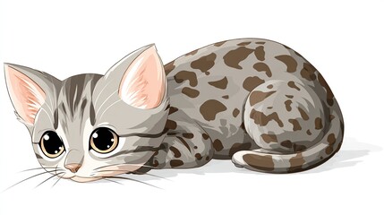 Cute, gray and brown spotted kitten lying down, looking pensively