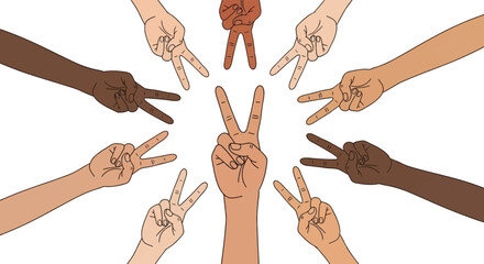 Diversity: Hands of different skin tones forming a circle with peace signs.
