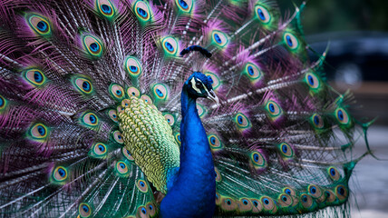 Fototapeta premium majestic peacock displaying vibrant feathers in full spread, symbolizing beauty, grace, wildlife, and exotic charm, captured in nature with colorful plumage showcasing natural elegance and pride