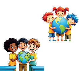 Vsai diverse children holding earth globe together celebrating friendship