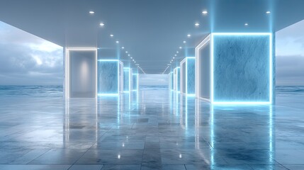 Futuristic Blue Neon Tunnel Background with Concrete Pillars and Reflections, Smooth Polished Floors, and Cloudscape Backdrop