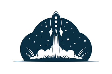 Detailed monochrome space shuttle blasts off amid fiery smoke and shining starbursts above