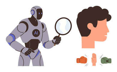 AI robot holding magnifying glass examining head profile, highlighting boxing gloves and handshake for conflict and collaboration. Ideal for AI, technology, human behavior, analysis, decision-making