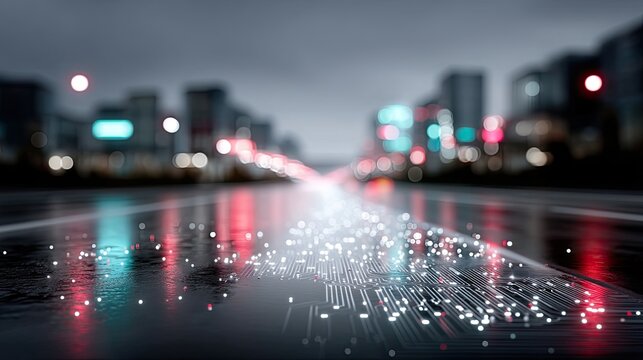 Futuristic Blue Technology Circuit Board Overlay on Urban Cityscape at Night with Bokeh Lights - Powered by Adobe