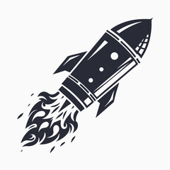 Engraved vintage rocket soaring upwards with fire for a retro space adventure look