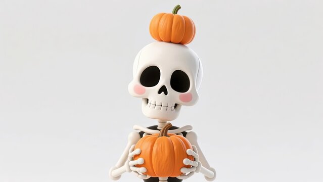 Cute cartoon skeleton holding a pumpkin with another on its head