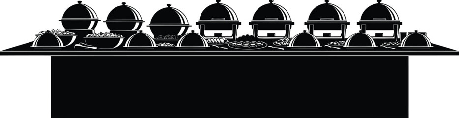 Catering buffet with chafing dishes, plates, and serving spoons