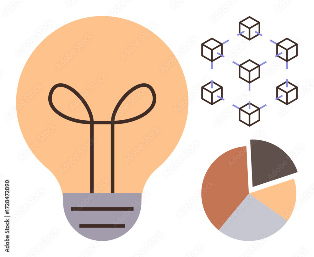 Poster light bulb for creativity, interconnected cubes for blockchain, and pie chart for data distribution.