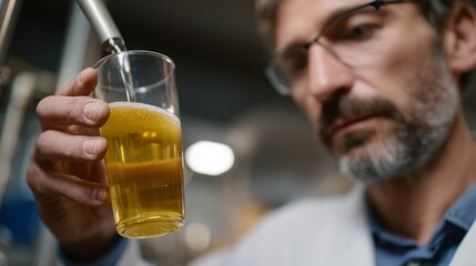 A contemplative Caucasian male brewmaster inspects liquid gold, celebrating Oktoberfest and envisioning Malternative Reality Day's bubbling zest