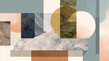 Abstract geometric composition featuring stone textures circles squares and soft pastel colors