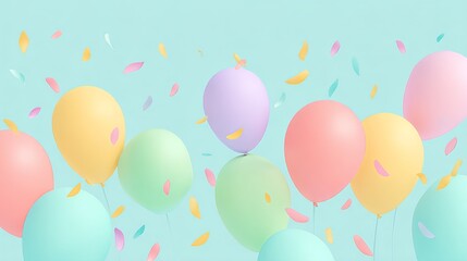 Pastel colored balloons floating against a light blue background with confetti scattered around them
