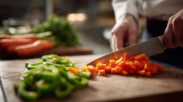 Close up of chef's hands slicing carrots on a wooden cutting board with green peppers