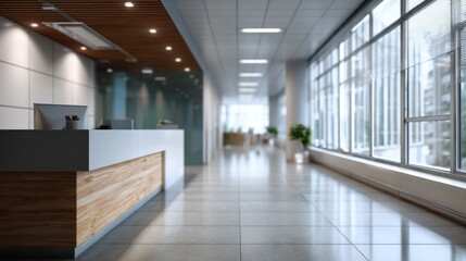 Modern office interior featuring a reception desk tiled floor and a large window with natural light