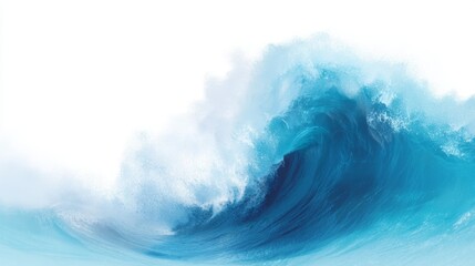 Powerful blue ocean wave with white foam cresting presented against a bright white background