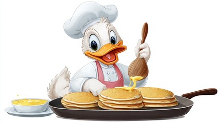 A cheerful cartoon duck, wearing a chef's hat and apron, skillfully pours melted butter onto a stack of golden-brown pancakes sizzling in a pan.  A small bowl of extra butter sits nearby
