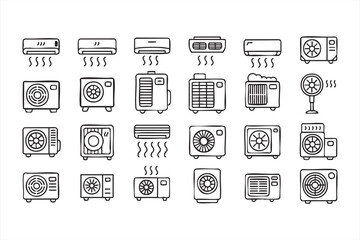 Climate control vector illustrations, doodle icons of fans, vents, and cooling systems for appliances and technology
