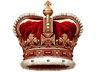 Regal golden crown with red velvet and pearls, Isolated On White Background, Png Transparent