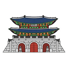 Traditional korean gate, namdaemun, depicted in colorful, flat style with intricate details and guardian lions