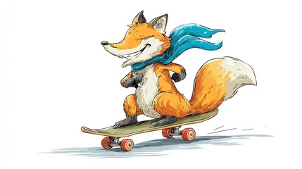 A cheerful fox, wearing a teal scarf, gleefully rides a skateboard, its bushy tail streaming behind it, against a white backdrop
