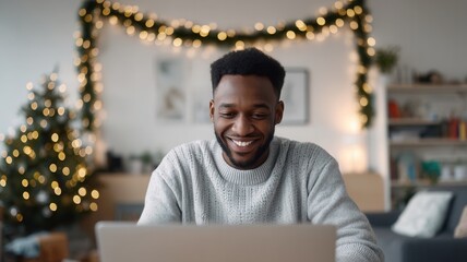 Smiling man using laptop near decorated christmas tree, enjoying festive season and online activities