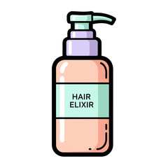Pink bottle with light purple pump dispenser and light green label that says hair elixir, isolated on transparent
