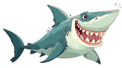 Cartoon shark with wide grin, swimming towards viewer