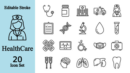 Healthcare and Medical Line Icons Set, 20 Editable Stroke Vector Outline Symbols Collection, Hospital Medicine Emergency and Wellness, Isolated