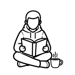 Simple line person sitting crosslegged and reading book, with steaming mug coffee or tea next to them