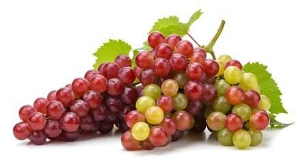 Fototapeta premium Fresh Red and Green Grapes Bunches with Leaves – Juicy, Sweet, Organic Fruit, Healthy Snack, High-Resolution Stock Photo for Food Blogs, Nutrition, Recipes, and Culinary Design