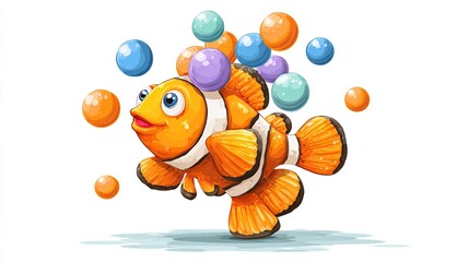 Cartoon clownfish swims, surrounded by colorful floating orbs against a white backdrop