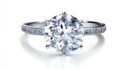 Solitaire diamond engagement ring with a pave-set diamond band, showcasing a brilliant-cut center stone and platinum setting, reflecting light on a white background