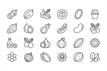 Nutrition and diet symbols, outline vector icons of peanuts, almonds, walnuts, and cashew for organic food projects