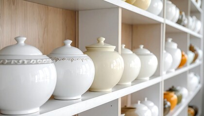 White and cream ceramic containers on shelves