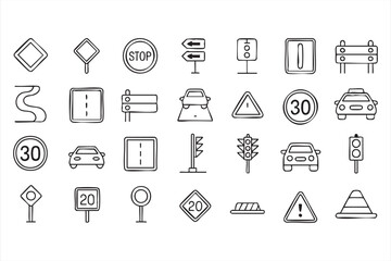Driving and transport road signs set, vector line art drawings of traffic elements, signals, and safety warnings