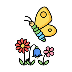 Cute yellow butterfly flying over colorful cartoon flowers, for children