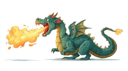 A cartoon teal dragon with horns and wings breathes vibrant orange flames from its open mouth, against a white background.  Its pose is dynamic, suggesting movement and power