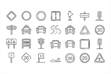 Vector outline traffic and road signs icons set with cars, signals, speed limits, and driving safety elements