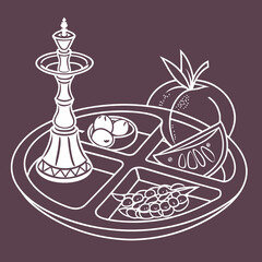 A stylized white outline illustration of a hookah pipe and a platter of fruits and olives against a deep purple background representing relaxation and middle eastern culture