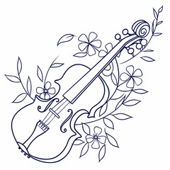 Elegant outline illustration of a violin intertwined with delicate blooming flowers and swirling leaves creating a harmonious blend of music and nature © Bf