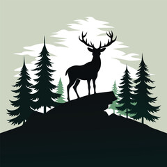 Silhouette of a majestic deer standing proudly atop a hill surrounded by evergreen trees against a cloudy sky