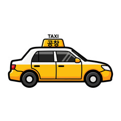 Cartoon yellow and taxi cab with the word taxi and on top, isolated on transparent
