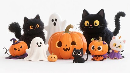 Obraz premium Group of Halloween-themed plush toys including black cats, ghosts, pumpkins, and a small cat in costume